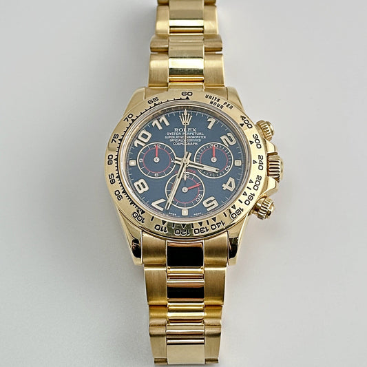 2025 Watch Daytona 116508 Yellow Gold Blue Racing Arabic Dial