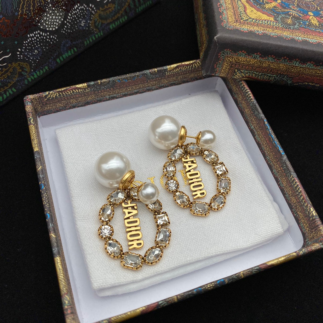 2025 JA Letters Crystal Diamond Pearl Earrings