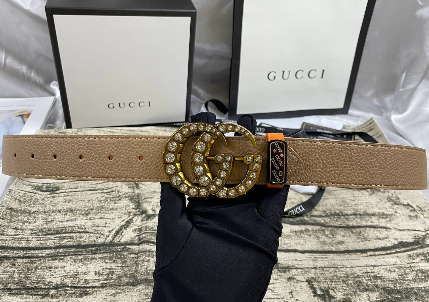 2025 4 Colors  double-G rhinestone double-sided lychee pattern belt