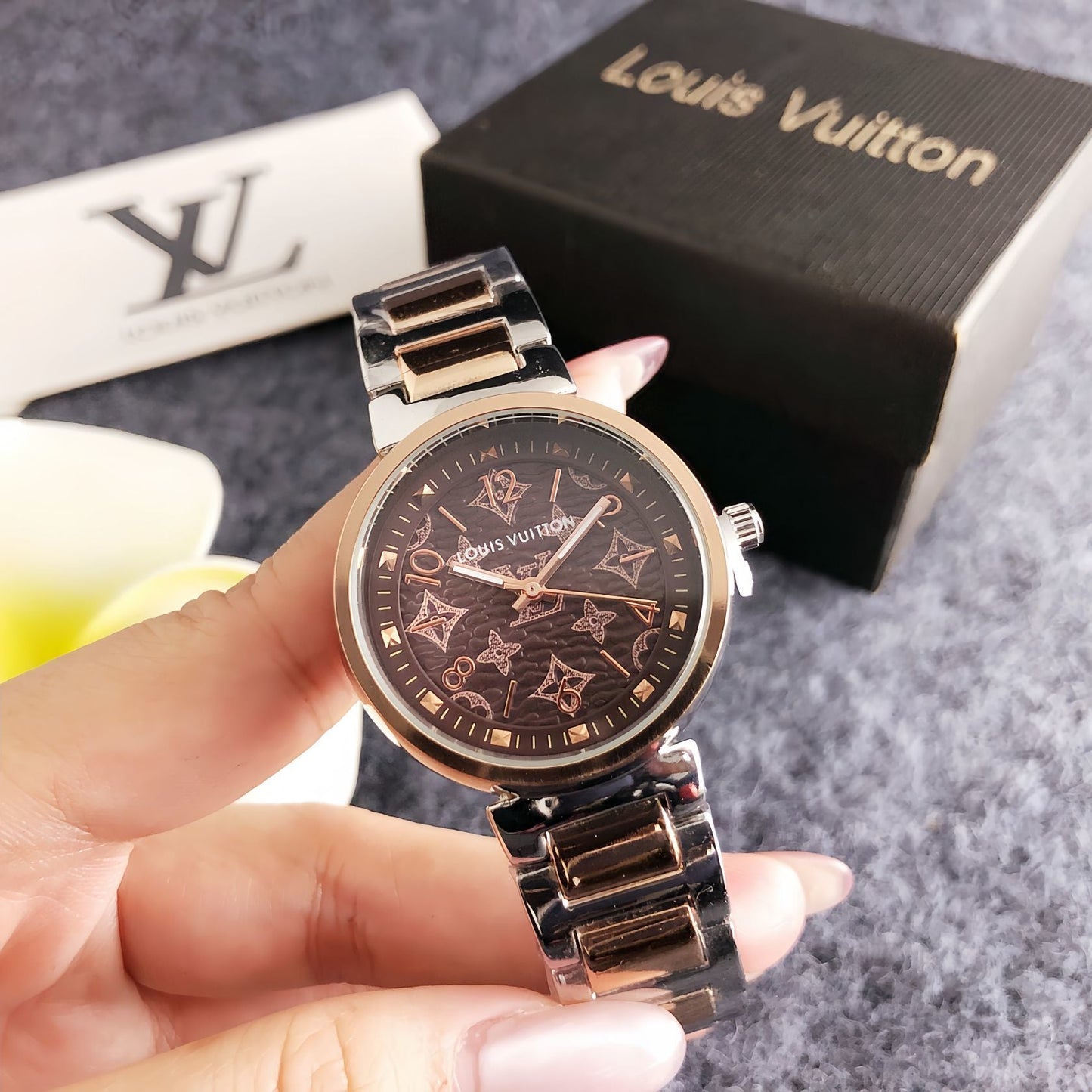 38mm Quartz Stainless Steel Watch with PVD Coating & 18K Rose Gold