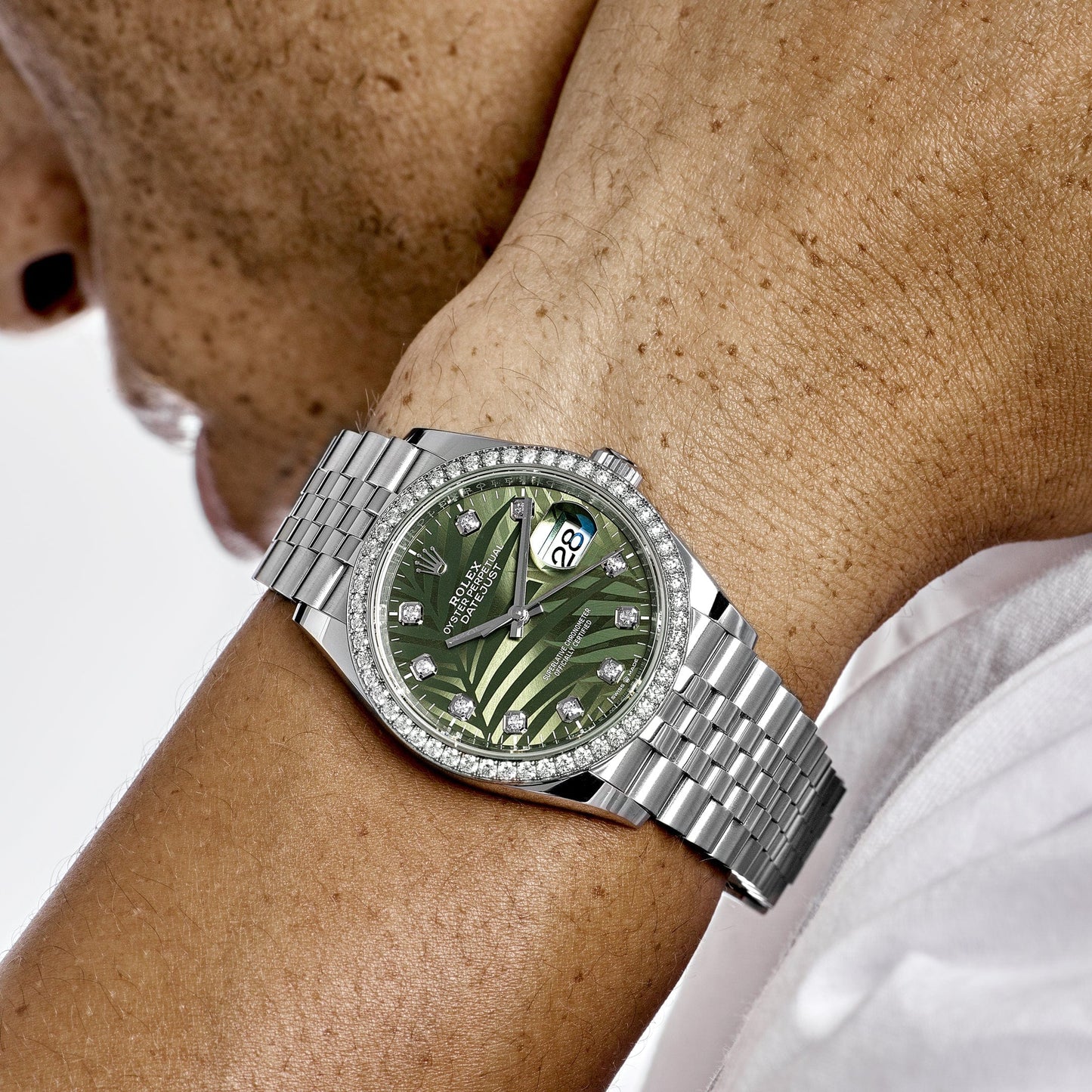 2025 Watch Datejust 126284RBR Stainless Steel Green Palm Frond Diamond Dial Diamond Bezel