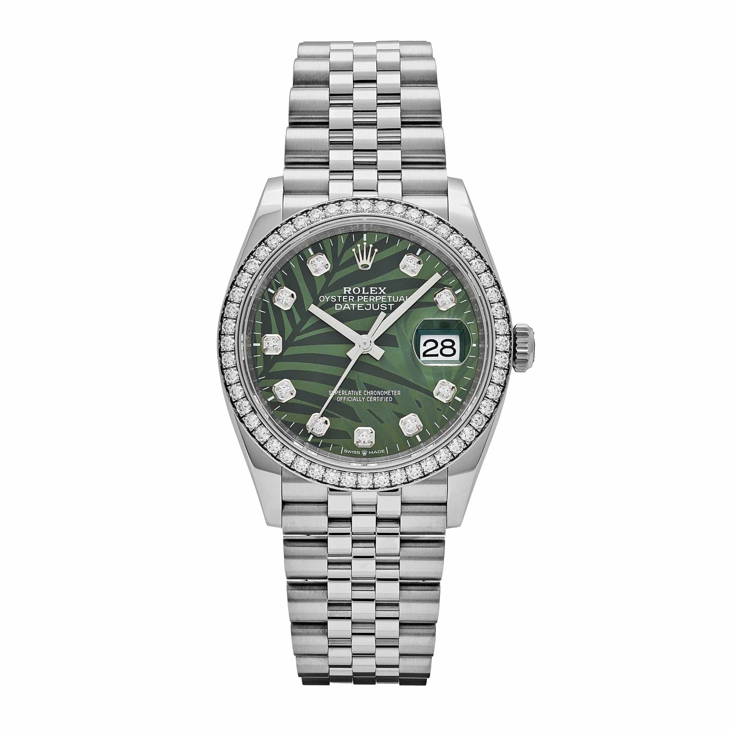 2025 Watch Datejust 126284RBR Stainless Steel Green Palm Frond Diamond Dial Diamond Bezel