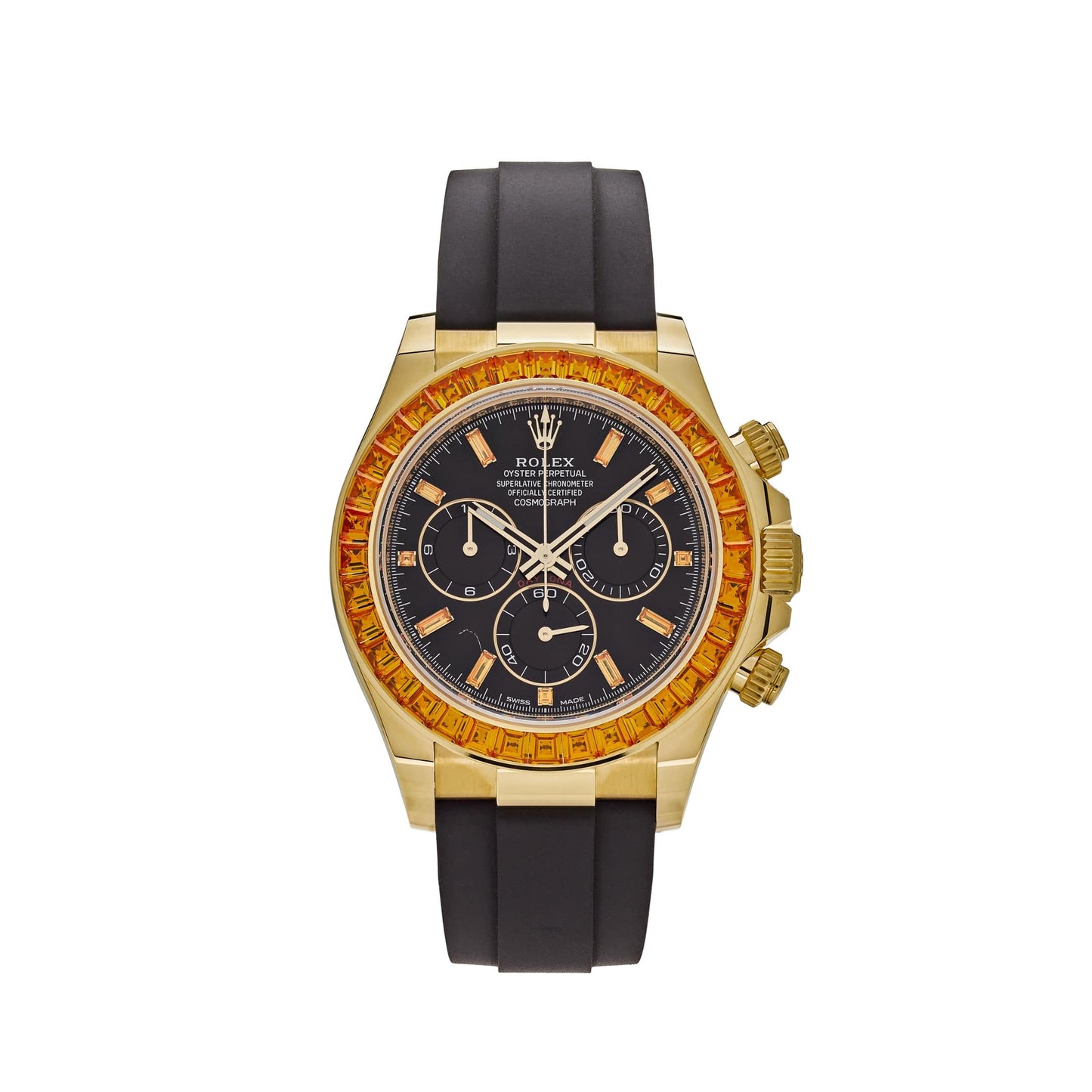 2025 Watch Daytona 116588SACO Yellow Gold Orange Sapphire Bezel Black Diamond Dial