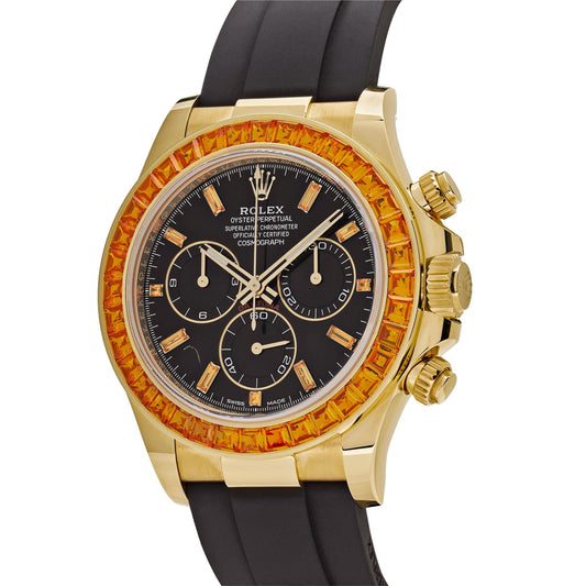 2025 Watch Daytona 116588SACO Yellow Gold Orange Sapphire Bezel Black Diamond Dial