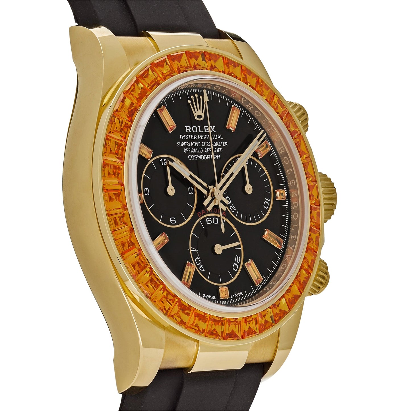 2025 Watch Daytona 116588SACO Yellow Gold Orange Sapphire Bezel Black Diamond Dial