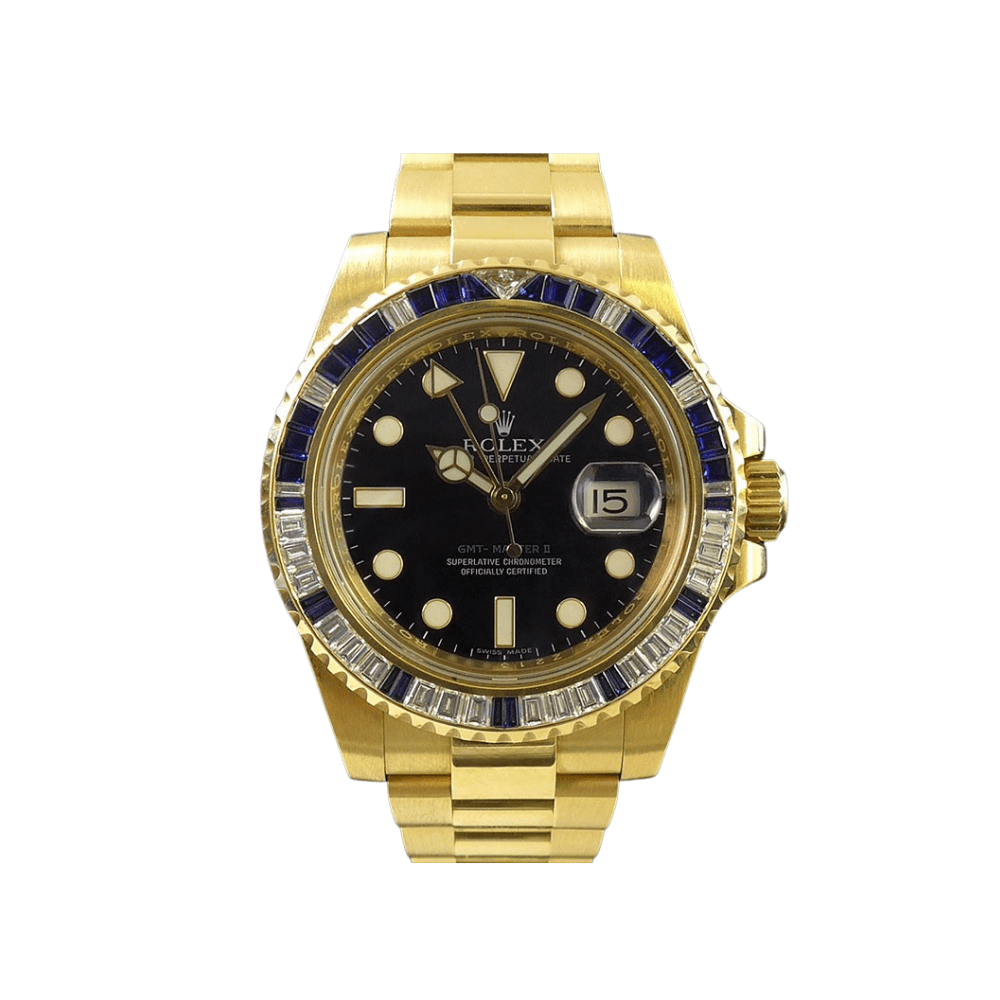 2025 Watch GMT-Master II 116748SA Yellow Gold Sapphire and Diamond Bezel Black Dial