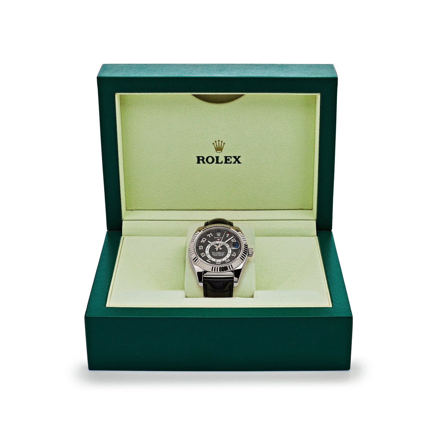 2025 Watch Sky-Dweller 326139 White Gold Black Dial Leather Strap